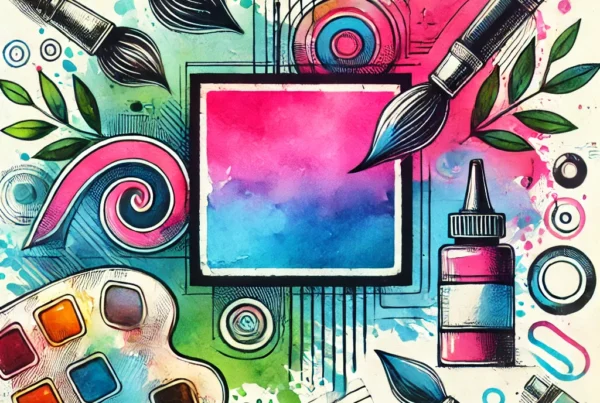 Watercolor illustration of a blank screen surrounded by paint brushes and paint, representing brand visual identity creation.