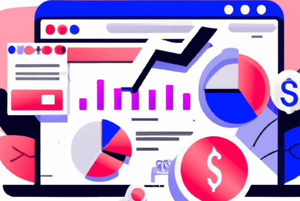 Abstract illustration featuring a data dashboard with graphs, charts, and dollar signs, showcasing Google Analytics for landing page optimization