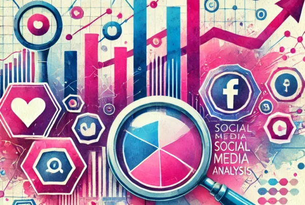 Watercolor illustration of a magnifying glass examining bar graphs and social media icons, representing how to analyze social media metrics effectively