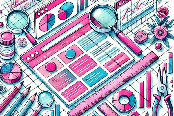 Watercolor illustration of a website page surrounded by measuring tools like rulers, pencils, and a magnifying glass, symbolizing website redesign success measurement