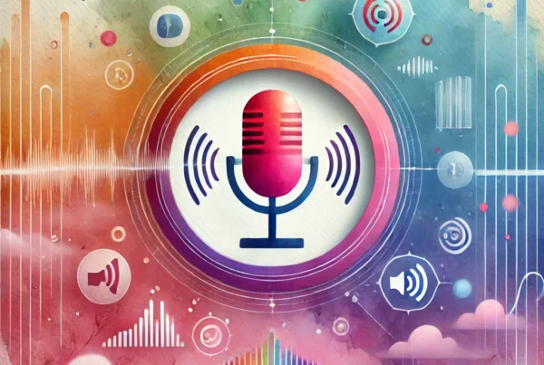 Watercolor illustration of a microphone at the center surrounded by voice and sound icons, symbolizing strategies to optimize a website for voice search.