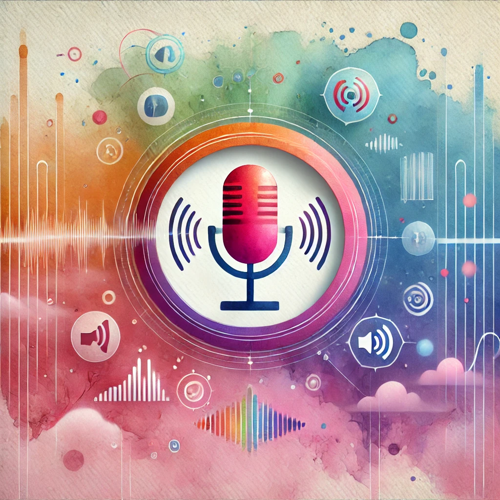Watercolor illustration of a microphone at the center surrounded by voice and sound icons, symbolizing strategies to optimize a website for voice search.