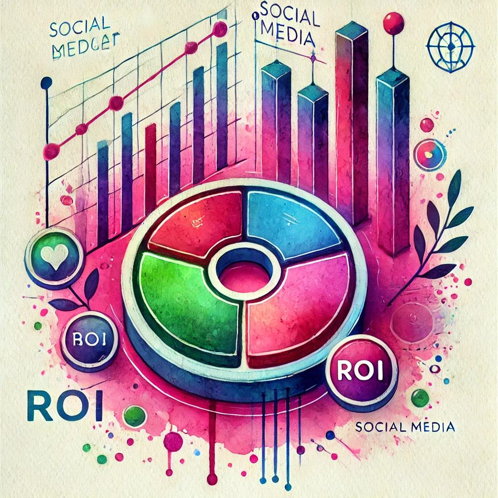 Watercolor illustration of a large pie chart surrounded by hearts and bar graphs, representing effective planning of a social media budget for ROI.