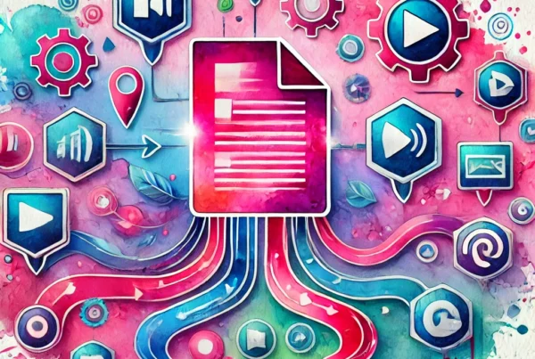 Watercolor illustration of a piece of paper with arrows pointing to video, image, and social media icons, symbolizing how to repurpose content for social media.