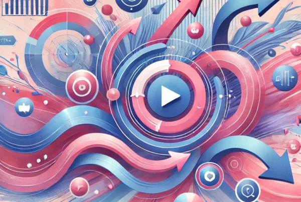 Watercolor illustration of a play button with swirling animations expanding across the page, surrounded by graphs, illustrating the impact of animations in social media ads.