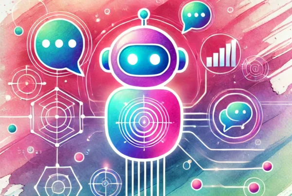 Watercolor illustration of a robot in the center connected by lines to multiple chat bubbles, symbolizing chatbot integration on websites.