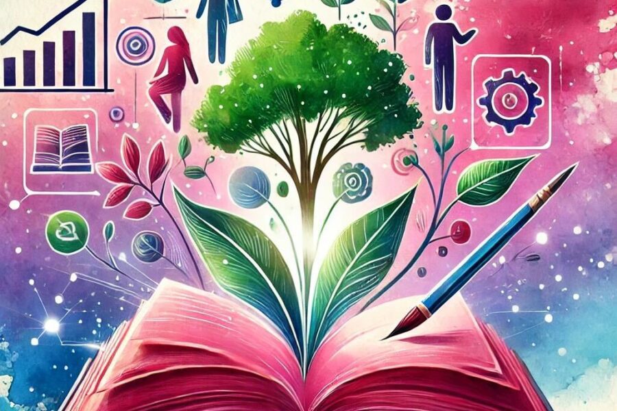 Watercolor illustration of an open book with a tree and people coming out of it, symbolizing storytelling to build a strong brand identity.