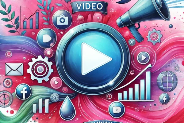 Watercolor illustration with a large play button at the center, a blowhorn beside it, surrounded by video icons, camera symbols, and graphs, representing video marketing strategies