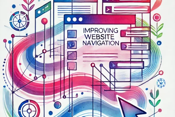 Watercolor illustration of a website page connected by lines and dots to other pages, symbolizing improved website navigation and enhanced usability.