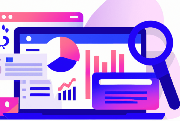 Abstract illustration of a laptop displaying a data dashboard with a magnifying glass analyzing the data, representing the alignment of content marketing and off-page SEO strategies to boost ROI.
