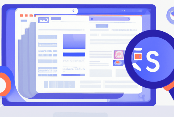 Abstract illustration of a laptop with a data dashboard on screen, featuring a tab with a magnifying glass focused on a dollar sign, representing strategic off-page SEO and relationship building