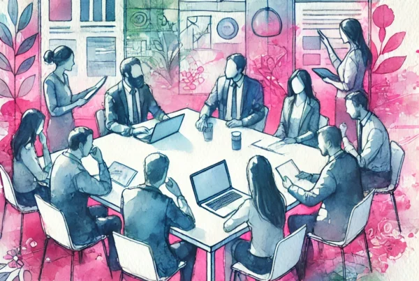 Watercolor illustration of executives gathered around a table as one presents, symbolizing a discussion on hiring a web development agency