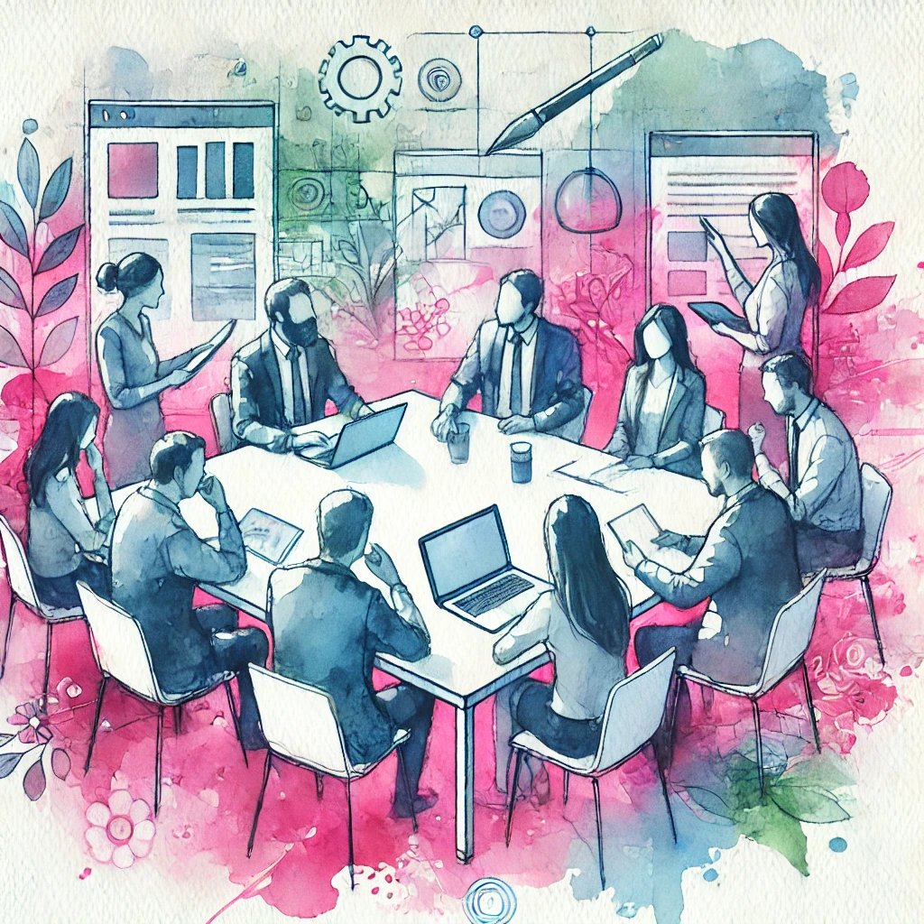 Watercolor illustration of executives gathered around a table as one presents, symbolizing a discussion on hiring a web development agency
