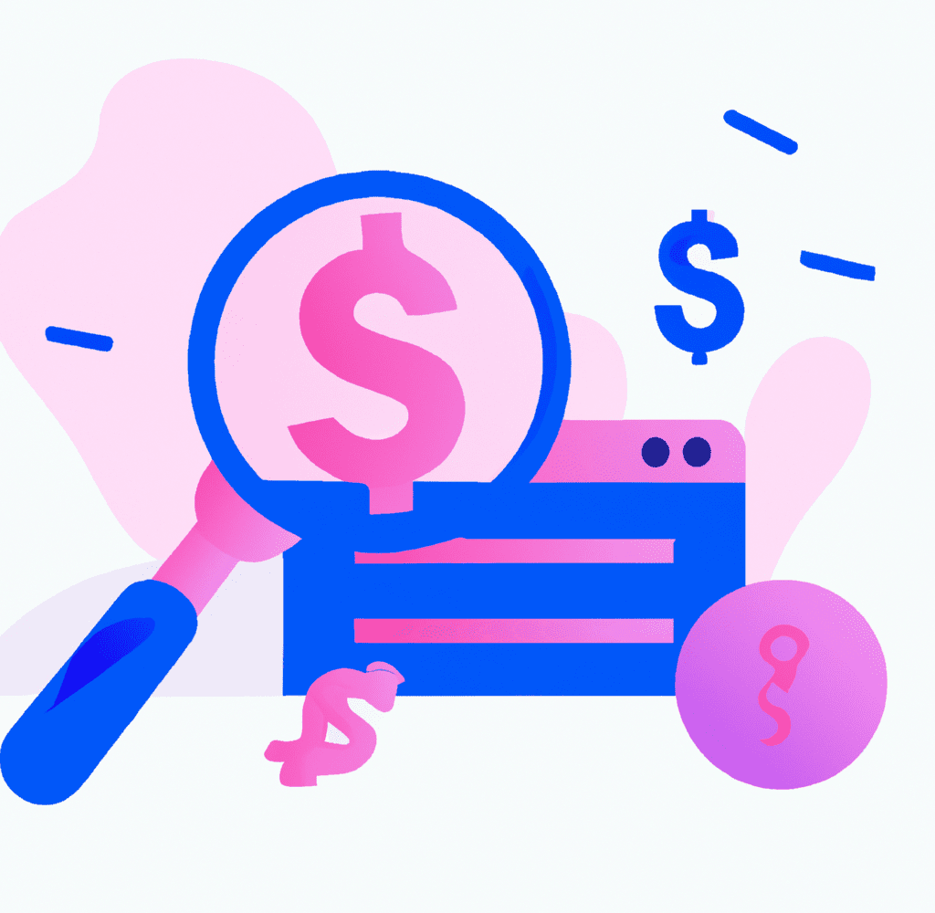 Abstract illustration of a magnifying glass focusing on money, symbolizing the role of SEO in boosting off-season bookings at Jamaican resorts