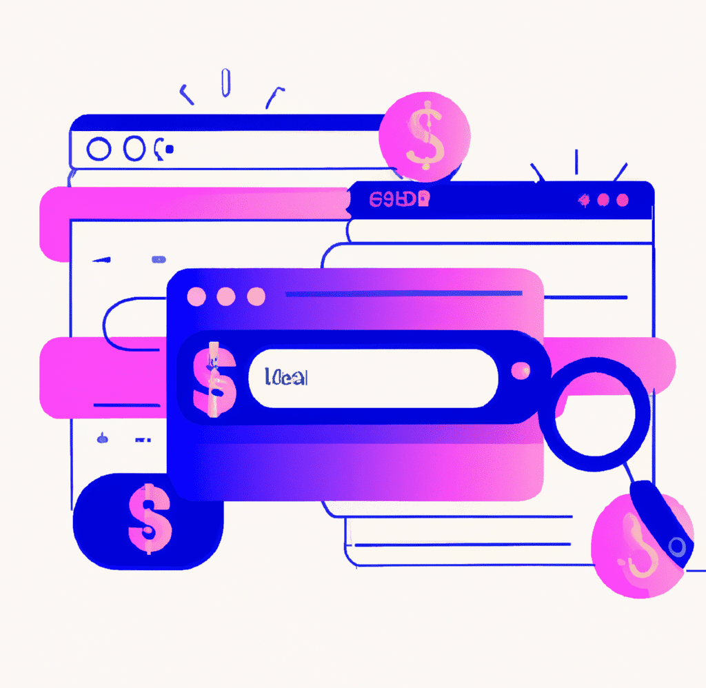 Abstract illustration of a data dashboard with graphs, charts, and money, representing the integration of SEO into a digital marketing strategy to optimize ROI