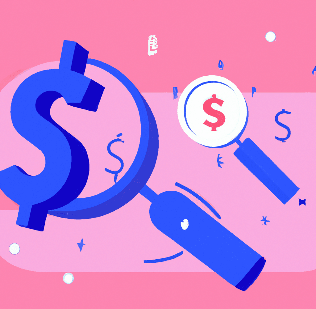Abstract illustration of a data dashboard with a magnifying glass examining money, representing how the finance industry can use SEO to maximize ROI.