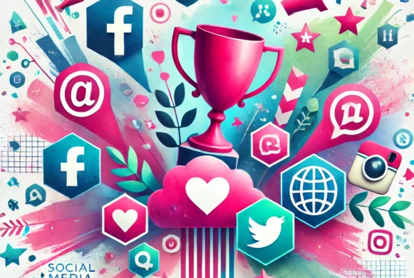 Watercolor illustration of a trophy surrounded by social media icons and logos, symbolizing successful social media contests for boosting engagement.