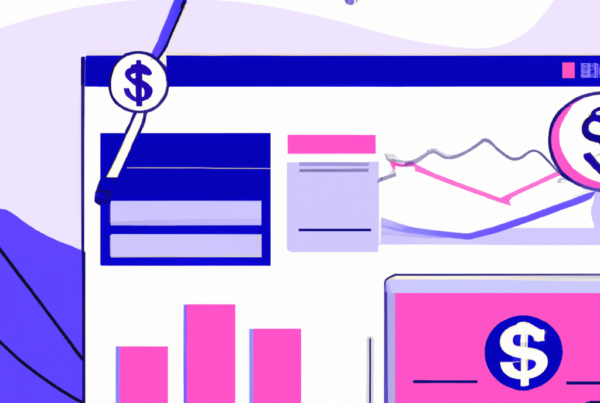 Abstract illustration of a data dashboard with graphs, charts, and dollar signs, symbolizing the use of split testing to optimize conversion rates.