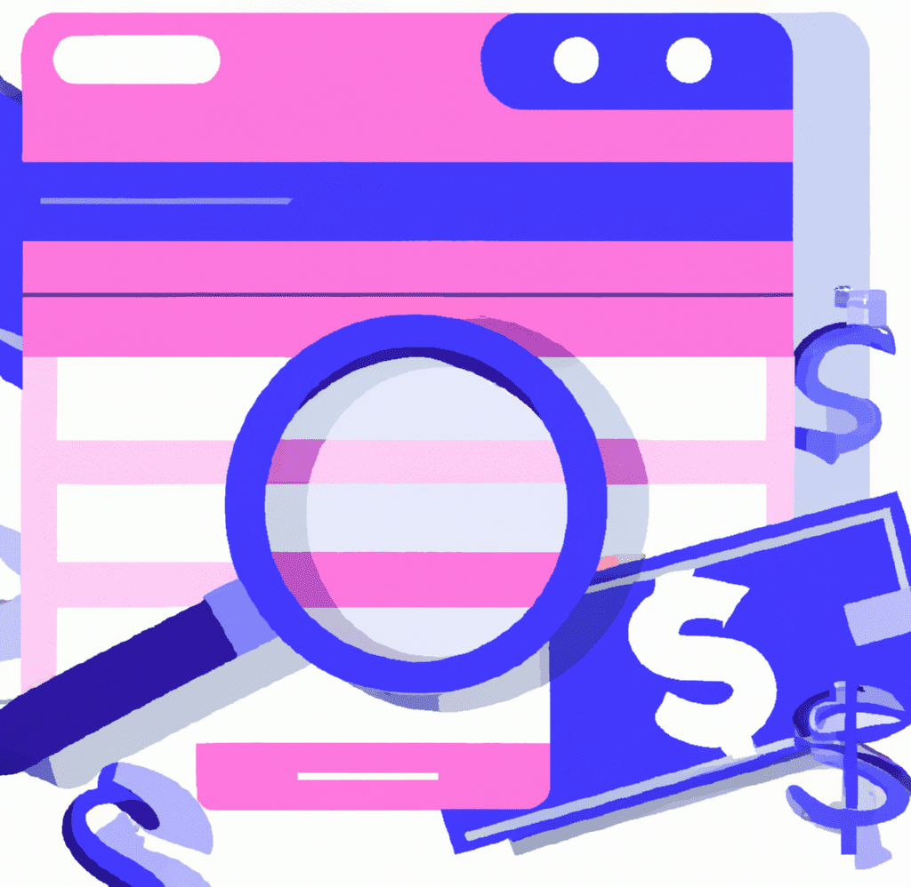 Abstract illustration showing a data dashboard with magnifying glass on money, symbolizing strategic SEO budget allocation for maximum ROI