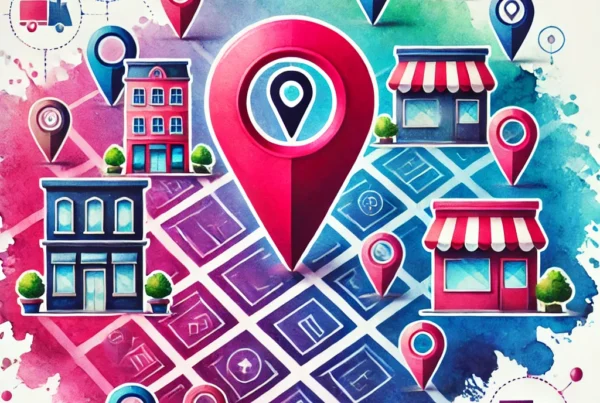 Watercolor illustration of location pins and storefronts, representing the essentials of local SEO for small businesses.