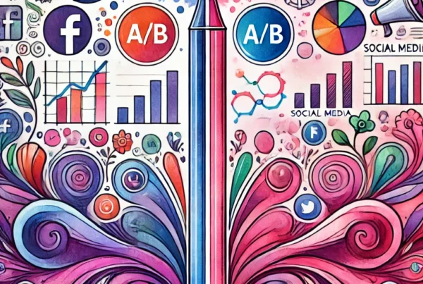 Watercolor illustration of a split screen with 'A/B' displayed in different colors, representing split testing in social media ads