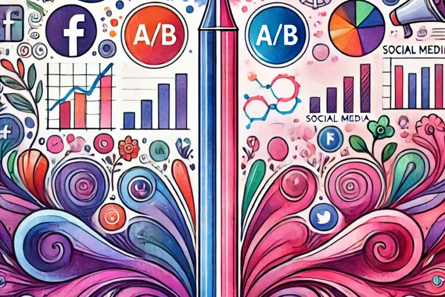 Watercolor illustration of a split screen with 'A/B' displayed in different colors, representing split testing in social media ads