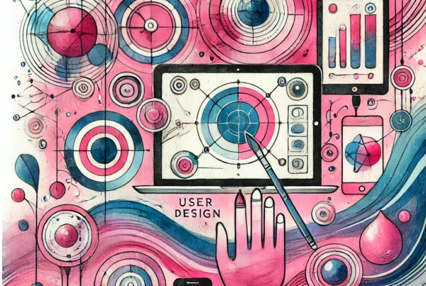 Watercolor illustration of a laptop with a target sign on the screen, surrounded by additional target signs and a paintbrush, symbolizing user-centered design in web development.