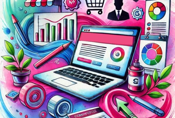 Watercolor illustration of a laptop displaying a website, surrounded by charts, graphs, and icons, symbolizing website content that converts