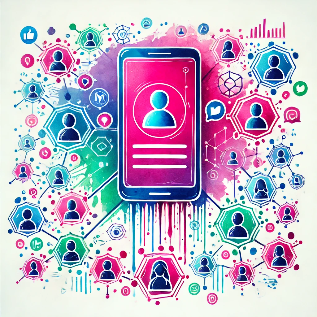 Watercolor illustration of a mobile phone with a profile icon on screen, connected by dots and lines to surrounding profile icons, representing the impact of social media micro-influencers