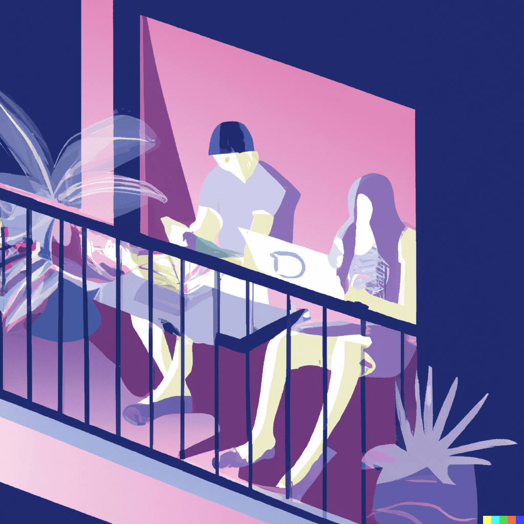 Couple on a hotel balcony using a laptop, representing A/B testing strategies for improving hotel and attraction marketing