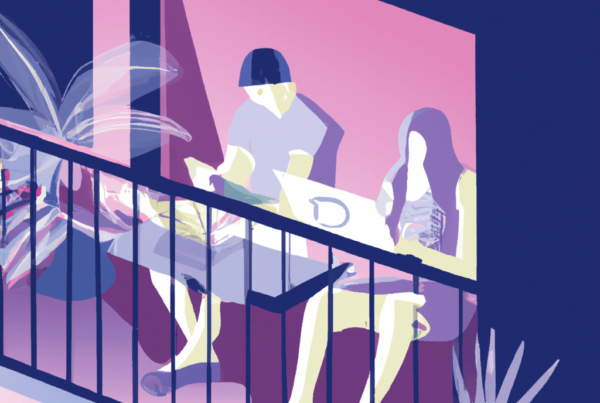 Couple on a hotel balcony using a laptop, representing A/B testing strategies for improving hotel and attraction marketing