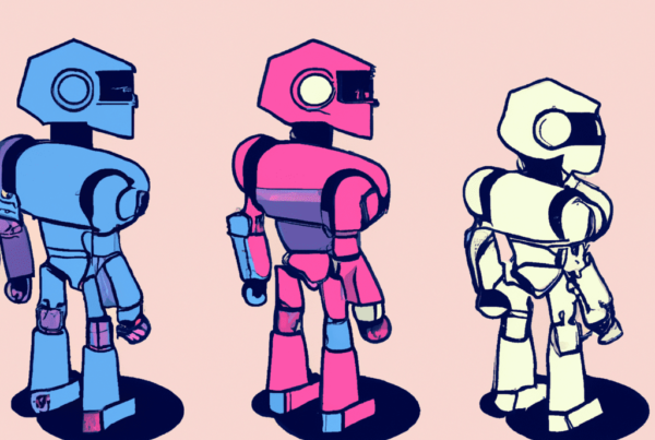 Abstract illustration showing three robots standing in line, symbolizing the evolution of artificial intelligence from machine learning to deep learning.