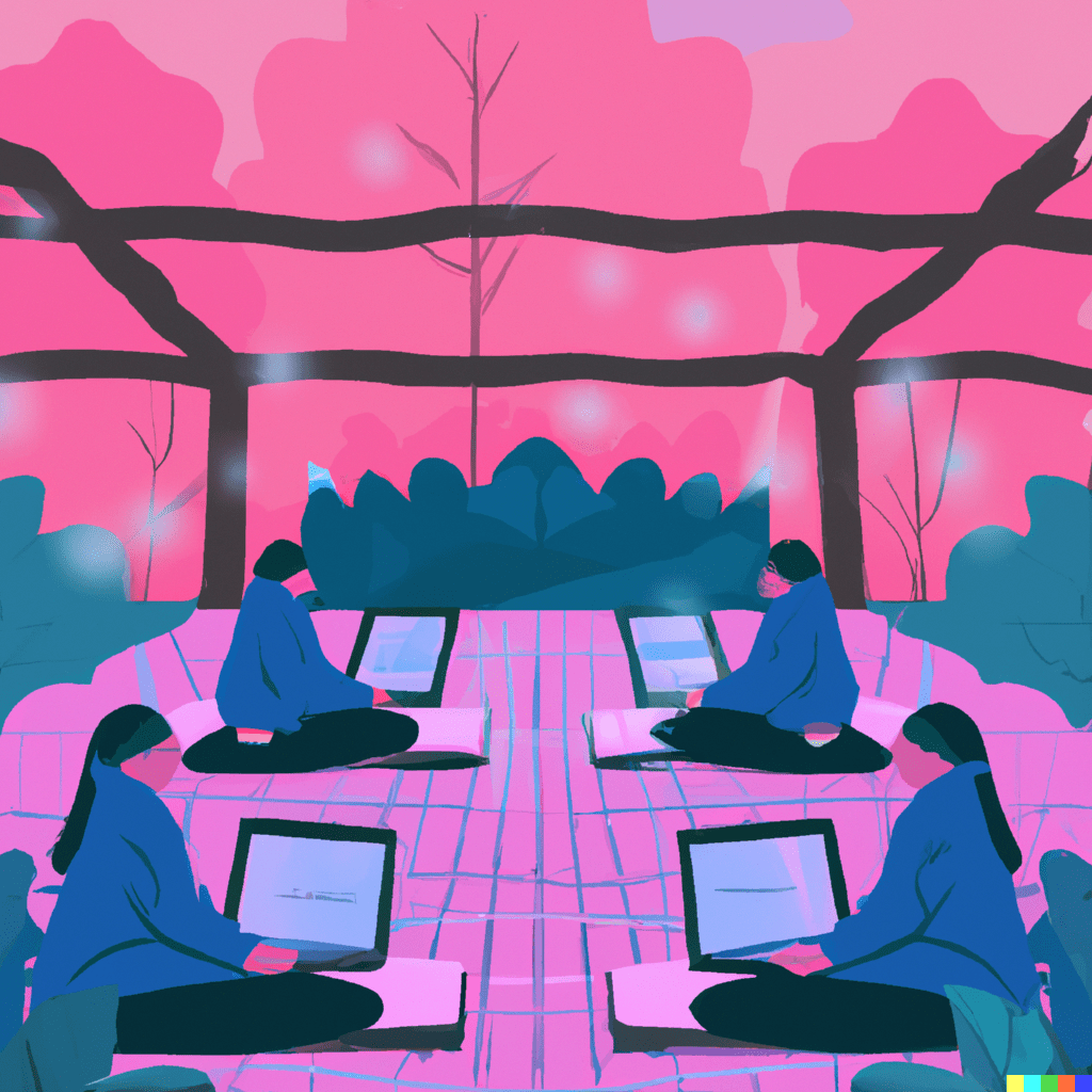 Abstract illustration of people using laptops in a park, connected by lines, representing the power of API integrations in marketing