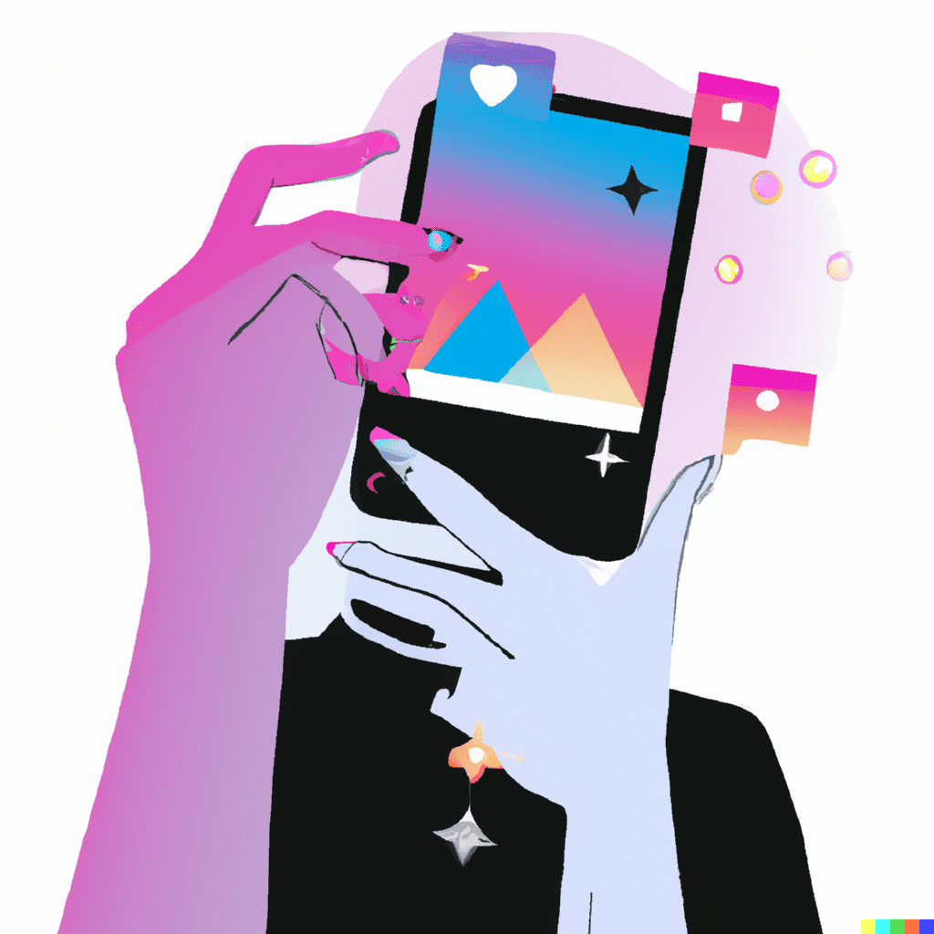Abstract illustration of a person holding a mobile phone to their face, showcasing the concept of augmented reality filters used by brands.