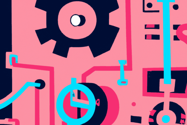 Abstract illustration of a factory machine with screws and knobs, representing automation and AI's impact on the future job market.