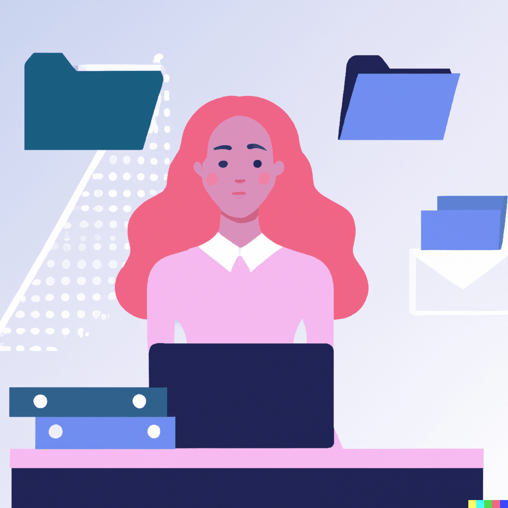 Abstract illustration of a receptionist working at a desk with a laptop, surrounded by folders, symbolizing business efficiency with Google Workspace