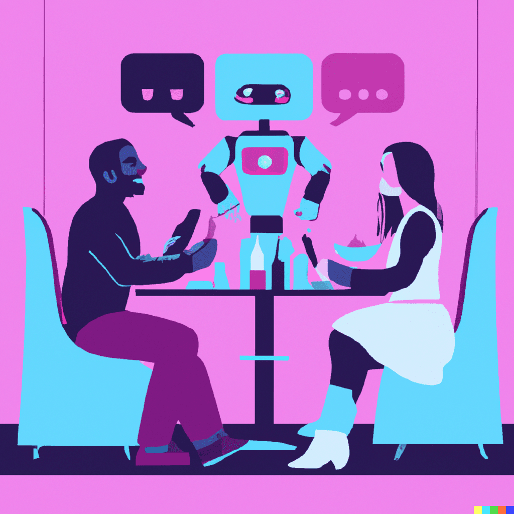 Abstract illustration of two people dining at a restaurant being served by a robot with chat bubbles above its head