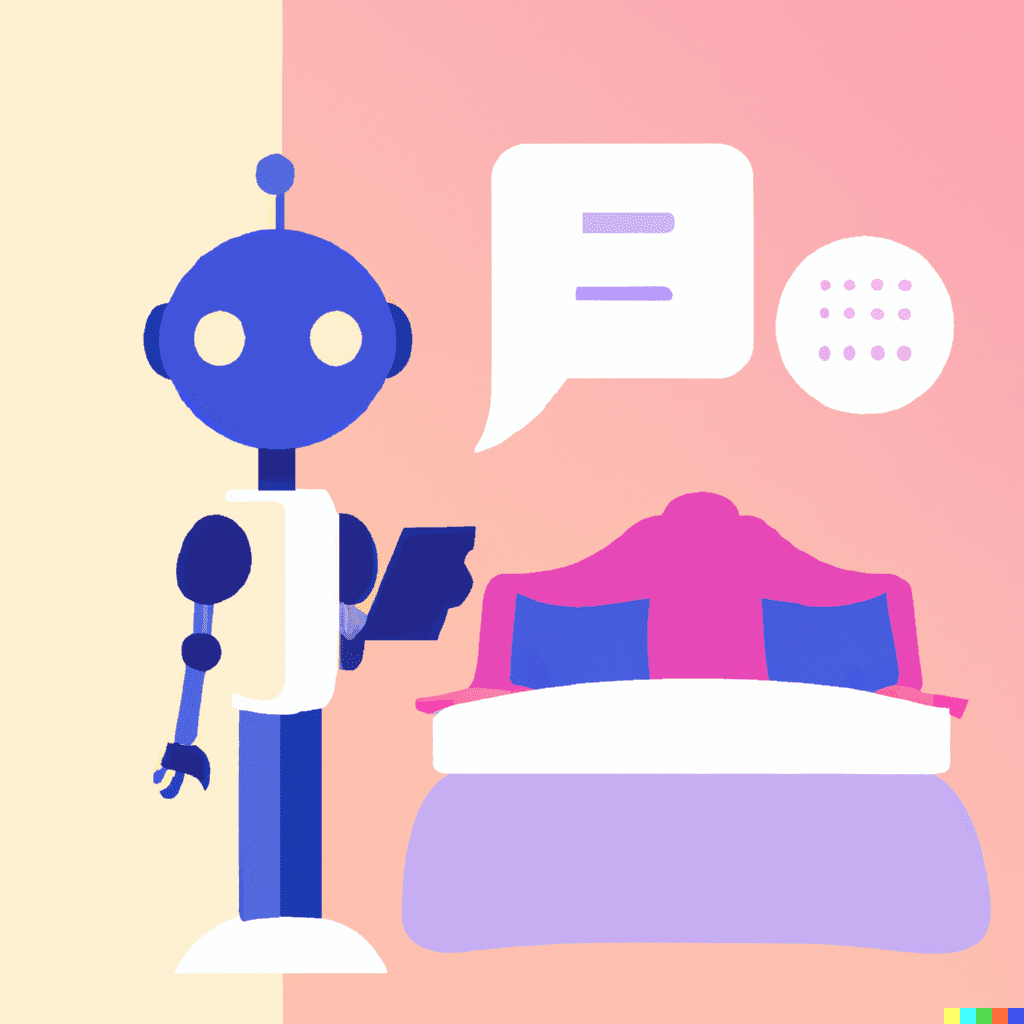 Abstract illustration of a robot standing beside a hotel bed with a notepad, symbolizing AI chatbot usage in hospitality
