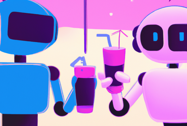 Abstract illustration of two robots enjoying a drink on the beach, symbolizing the use of chatbots for automated travel visa and immigration services in Jamaica.