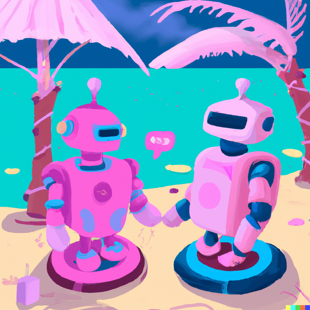 Abstract illustration of two robots on a beach, representing the use of AI chatbots to enhance Jamaica's tourism industry