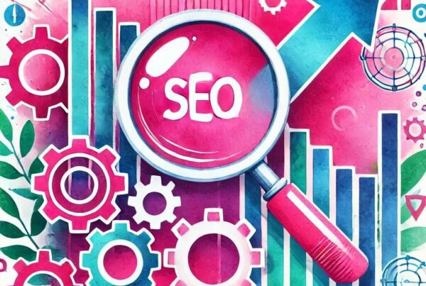 Watercolor illustration featuring graphs and SEO icons, highlighting common website SEO mistakes to avoid.