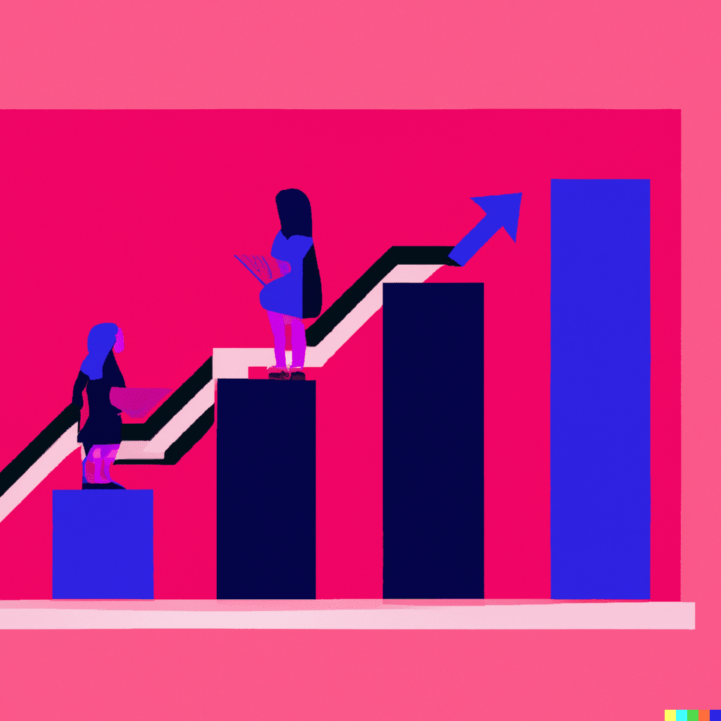 Abstract illustration showing a line graph on a bar chart with people standing on the bars, representing data visualization in marketing