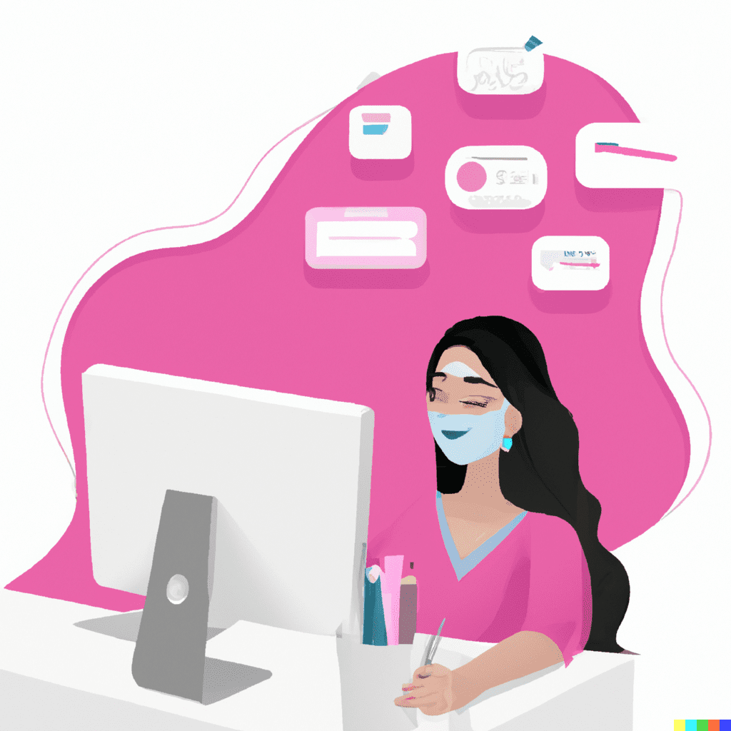 Abstract illustration of a CSR using an iMac at a desk with Google Workspace icons above, representing how dental offices can utilize Google Workspace.