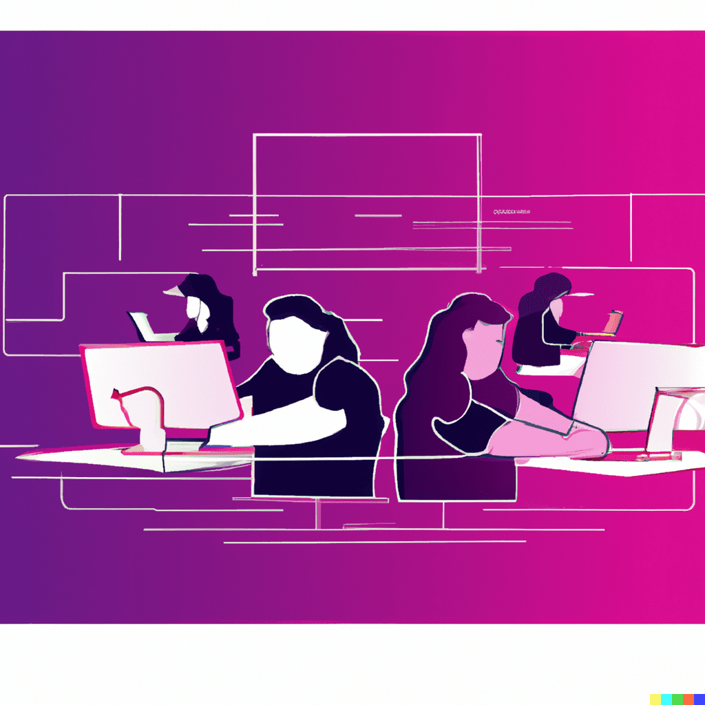 Abstract illustration showing a group of people working on computers, symbolizing the process of digital transformation in business
