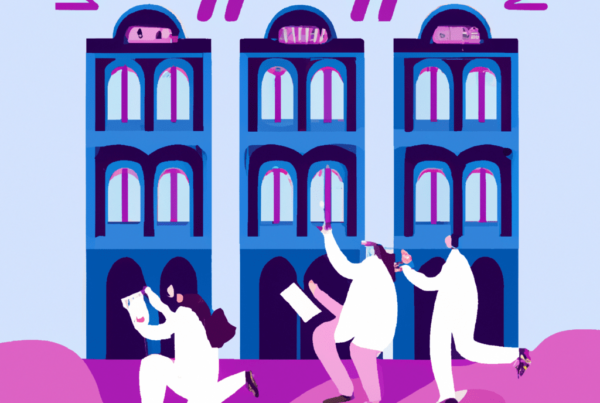Abstract illustration of three people in front of a hotel, symbolizing the importance of blogging for hotel and attraction websites.