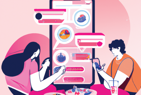 Abstract illustration showing two people dining at a restaurant with a large mobile phone in the background displaying food options and chat bubbles, highlighting the importance of a restaurant mobile app