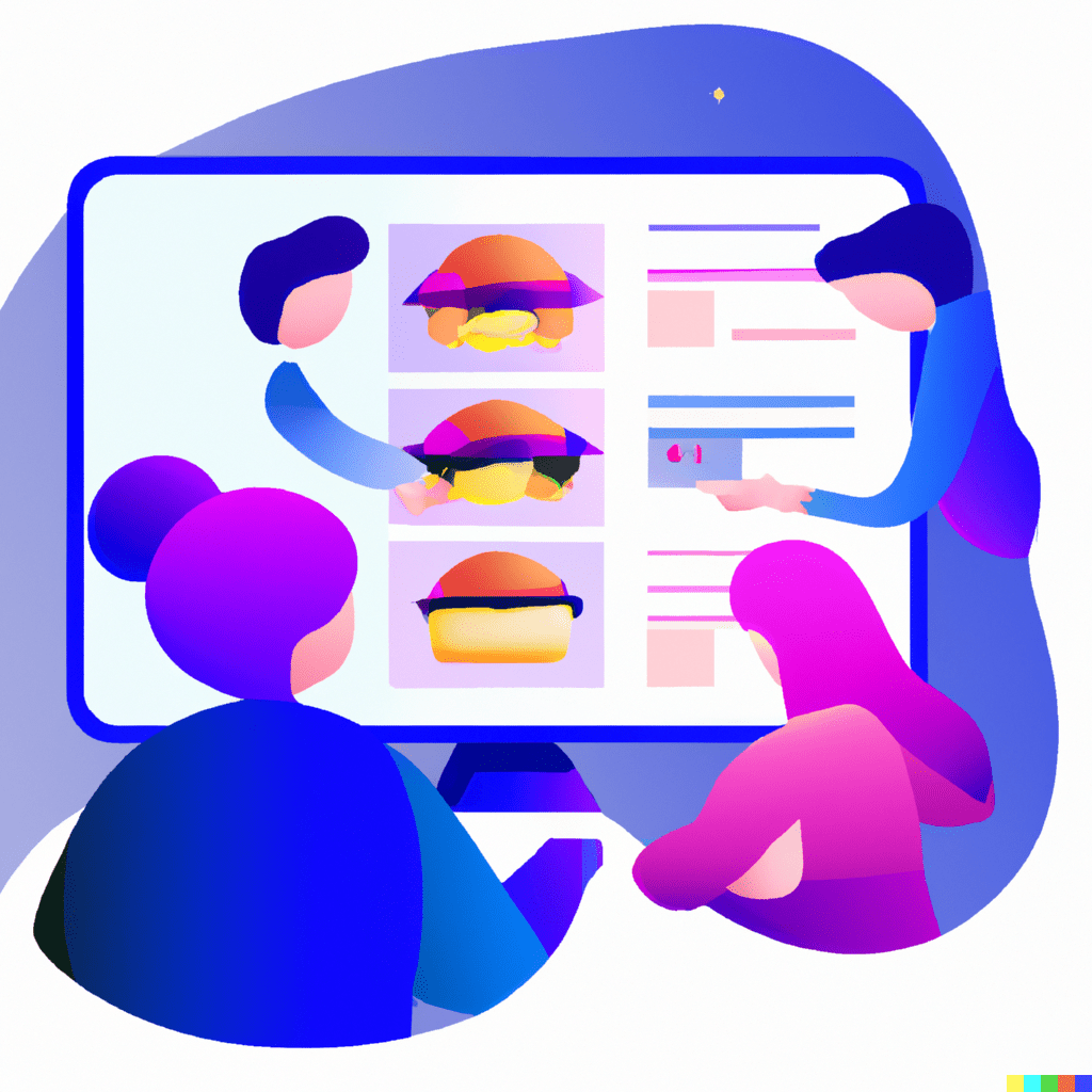 Abstract illustration showing a group of people gathered around a computer, ordering food online from a restaurant.