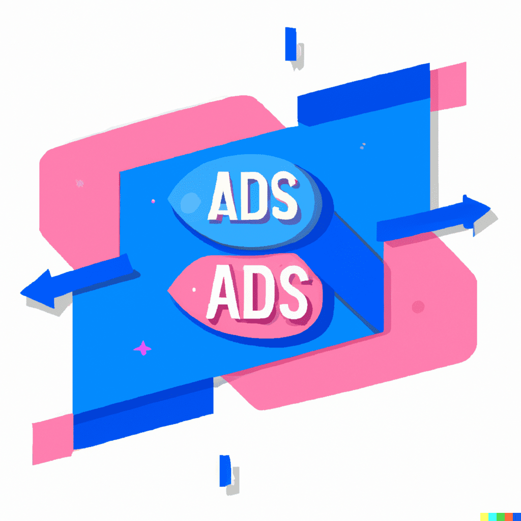 Abstract illustration showing the word 'ads' on blue and pink strips with arrows pointing in opposite directions, symbolizing pay-per-click (PPC) advertising for increasing hotel bookings.