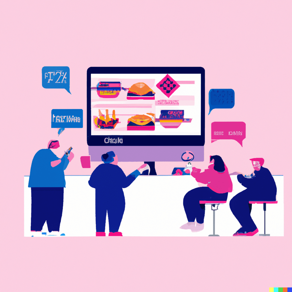 Abstract illustration of a group of people sitting at a restaurant with a large screen displaying a food menu, symbolizing online restaurant marketing