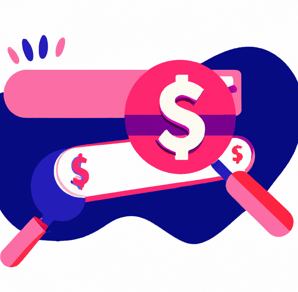 Abstract illustration showing a data dashboard and magnifying glass focused on money, symbolizing the use of SEO analytics to maximize ROI.